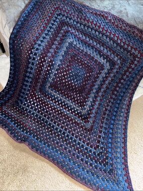 Hand Crafted Multi-Blue & Burgundy Crochet Throw Blanket
